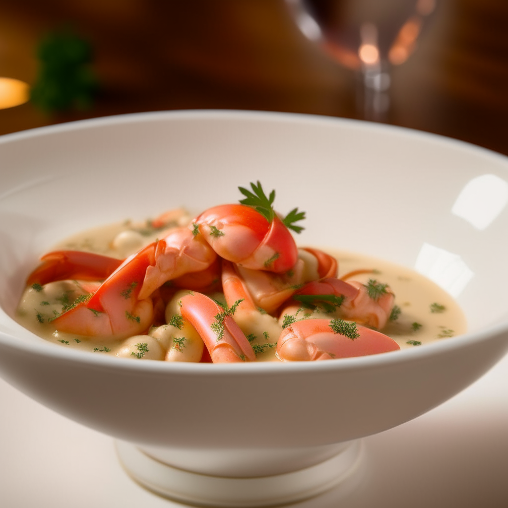 A white porcelain bowl filled with chunks of lobster meat in a creamy cognac sauce, no shells, garnished with parsley