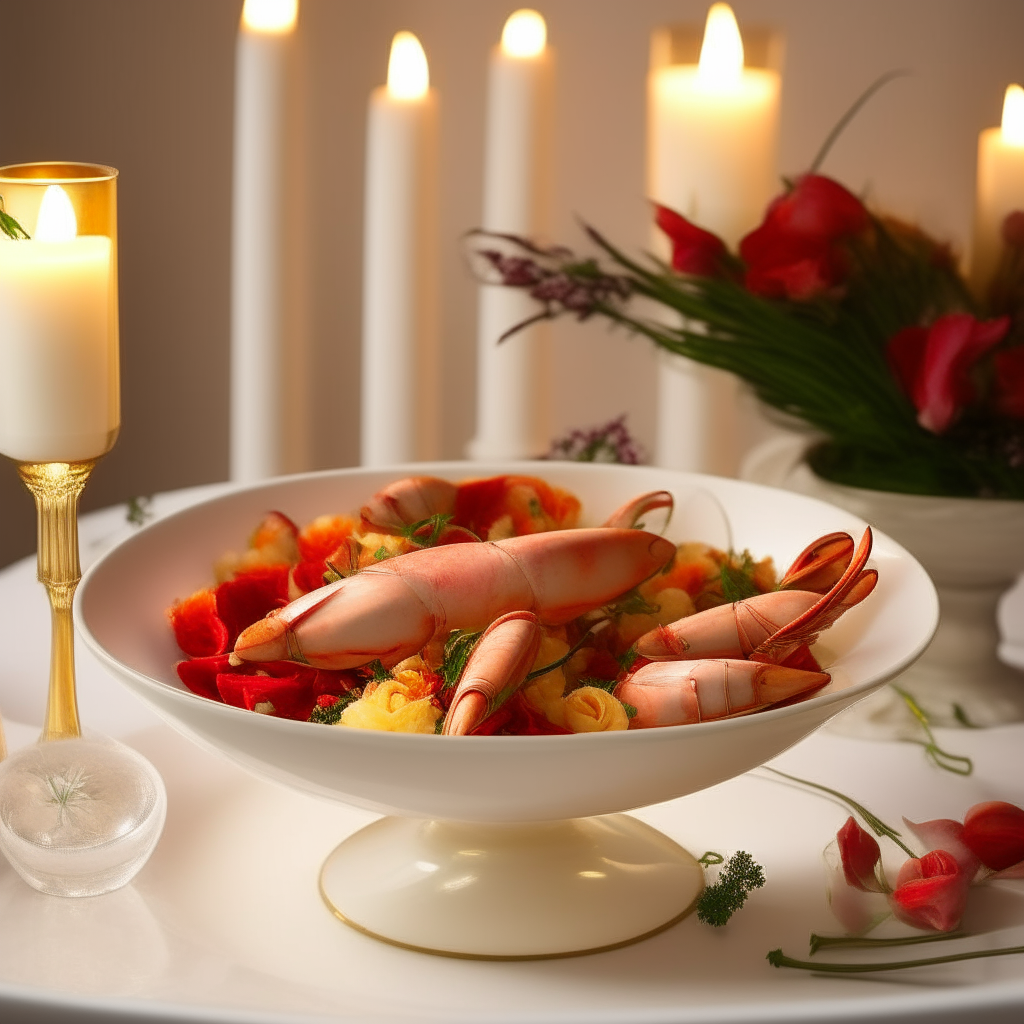 A wide white porcelain bowl with gold trim filled with chunks of lobster meat in creamy sauce, served on an elegant table with candles and flowers