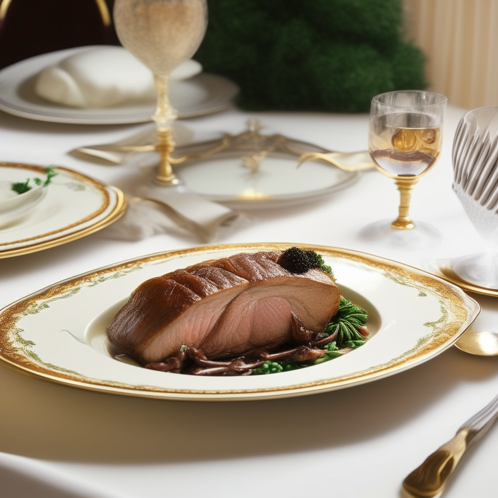 An elongated porcelain plate with gold trim holds a sliced beef wellington with mushroom duxelles, beside a silver gravy boat and rosemary sprig, in an elegant dining room setting