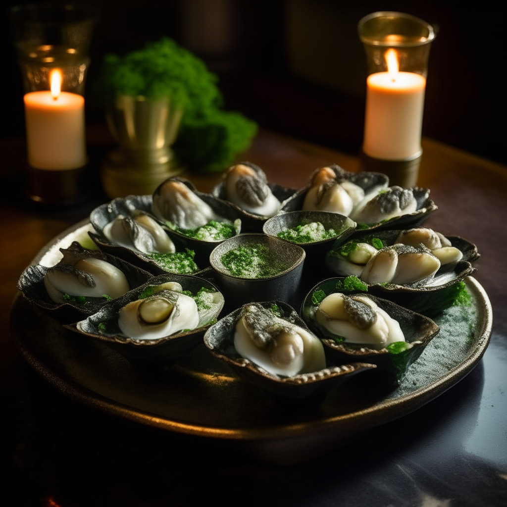 A vintage pewter tray with a dozen oysters on rock salt, each filled with a green spinach garlic sauce, garnished with parsley and parmesan, under candlelight.