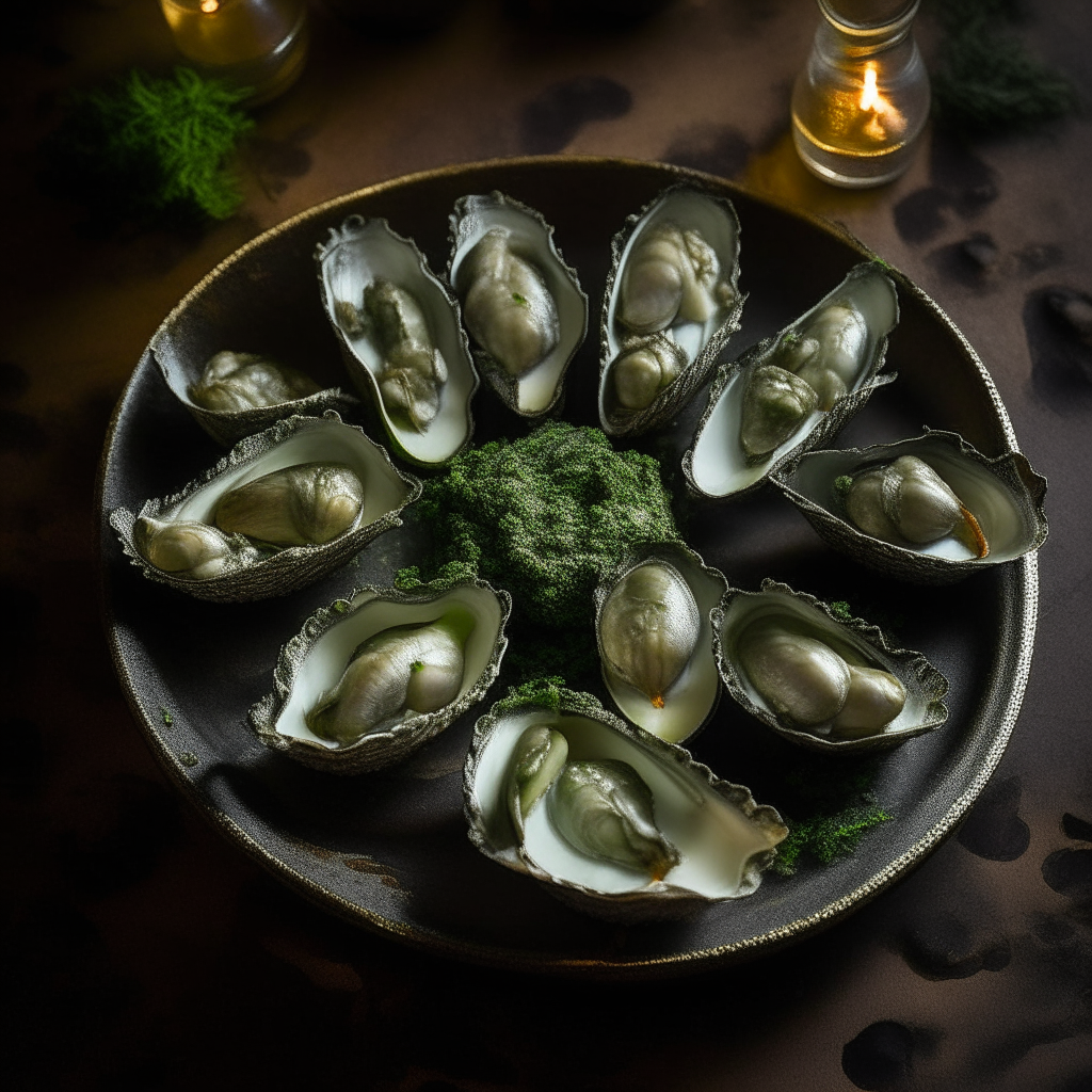 A dozen oysters on a pewter tray, filled with green sauce, parsley, parmesan, under candlelight, photographed from directly above