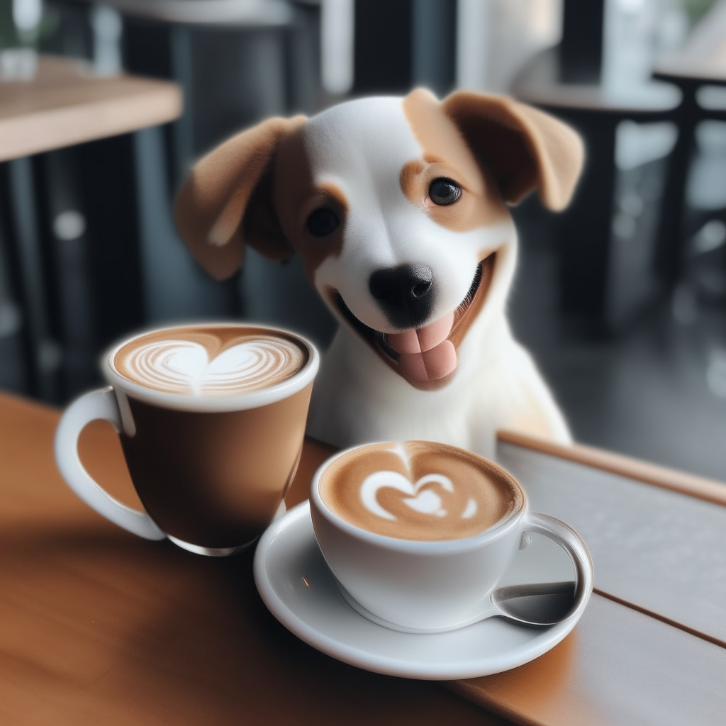 a happy puppy drinking a latte with heart-shaped foam art in a coffee cup on a table