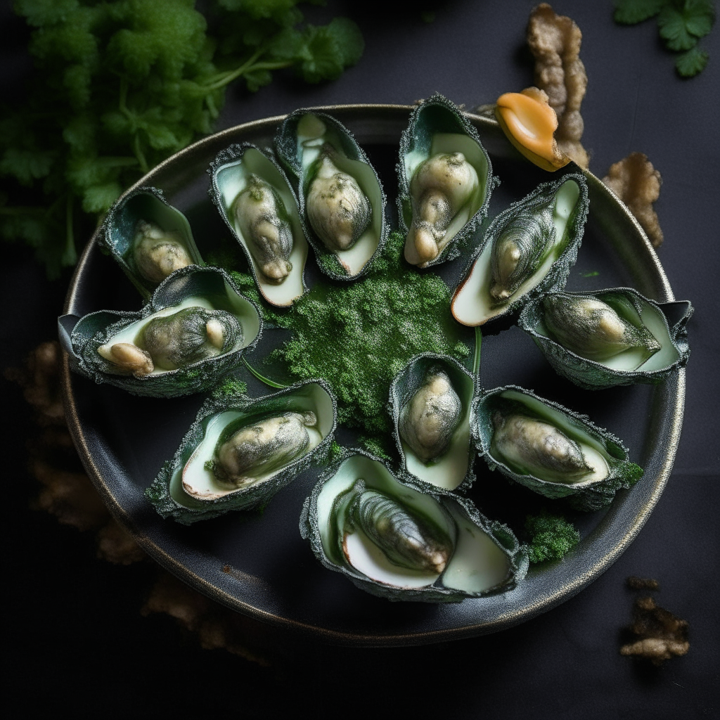 A dozen oysters on a pewter tray, filled and covered with a vivid green spinach garlic sauce, garnished with parsley and parmesan, photographed from directly above