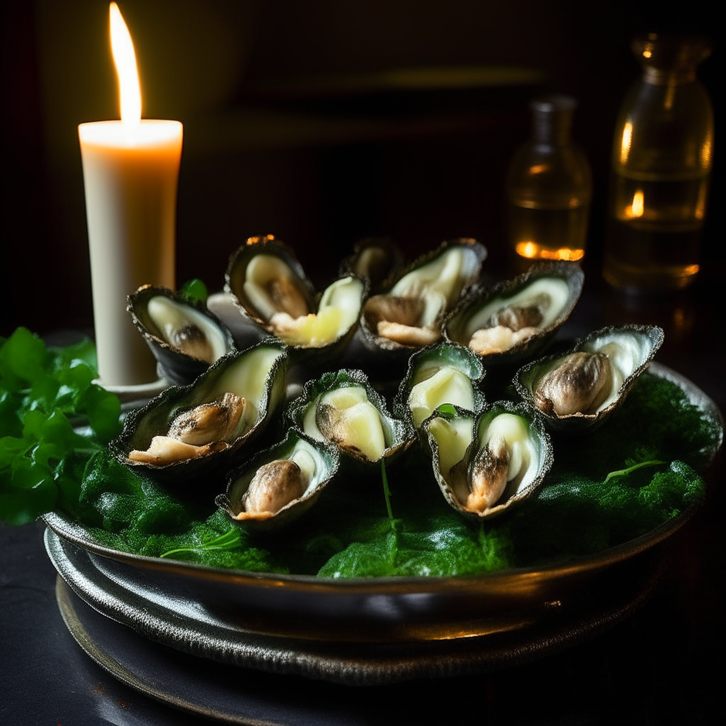 A dozen oysters on a vintage pewter tray, each filled with a green velvety spinach and garlic sauce, garnished with parsley and parmesan, under candlelight.