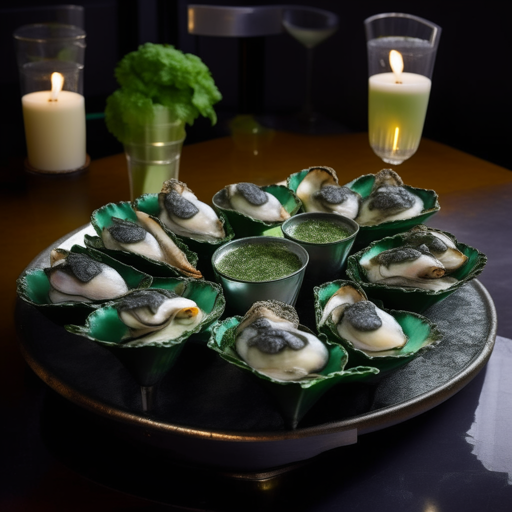 A dozen oysters on an elevated metal platform, each filled with a green spinach and garlic sauce, garnished with parsley and parmesan, with martini drinks on the table