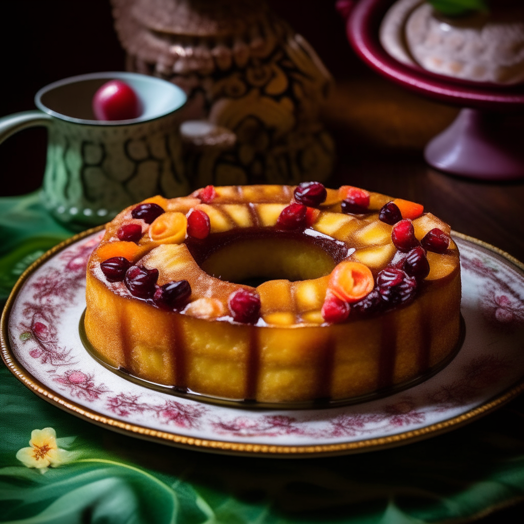 A golden pineapple upside-down cake on a vintage floral plate, with caramelized pineapple rings and cherries on top, sliced to reveal the moist interior