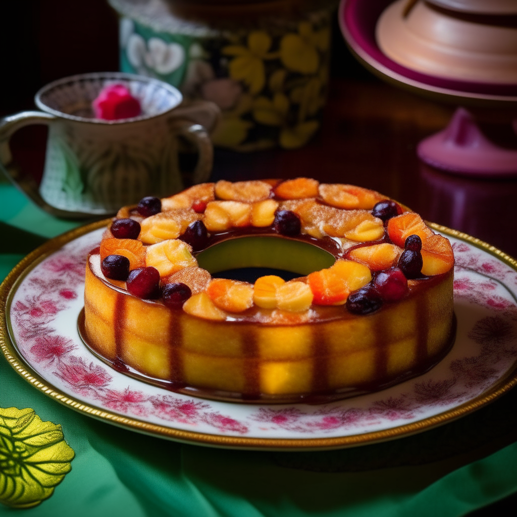 A golden pineapple upside-down cake on a vintage floral plate, with caramelized pineapple rings and cherries on top, no hole in the center slice