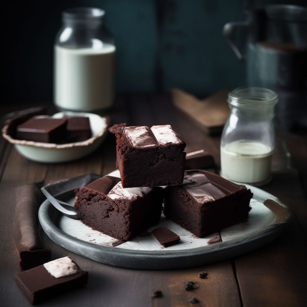 Fudgy chocolate brownies cut into squares on a vintage wooden table, surrounded by cocoa powder, milk in a glass, and silverware