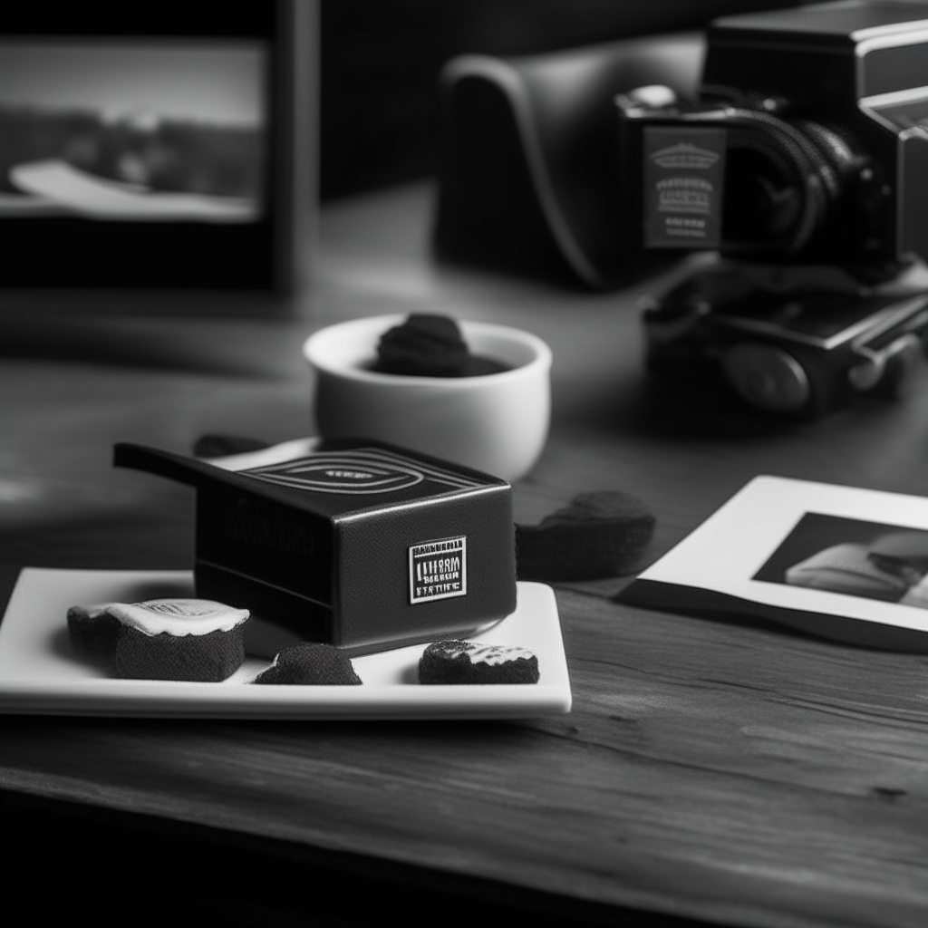 Black and white image of fudgy chocolate brownies on a vintage wooden table with a film clapperboard and Charlie Chaplin's bowler hat