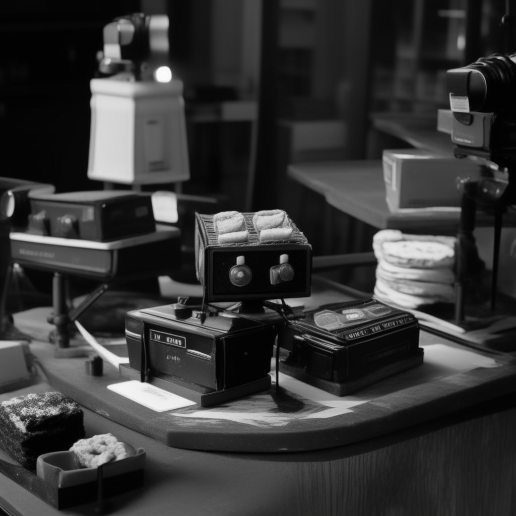 Black and white image of fudgy chocolate brownies on a vintage wooden table in a 1910s cinema set with film equipment in the background