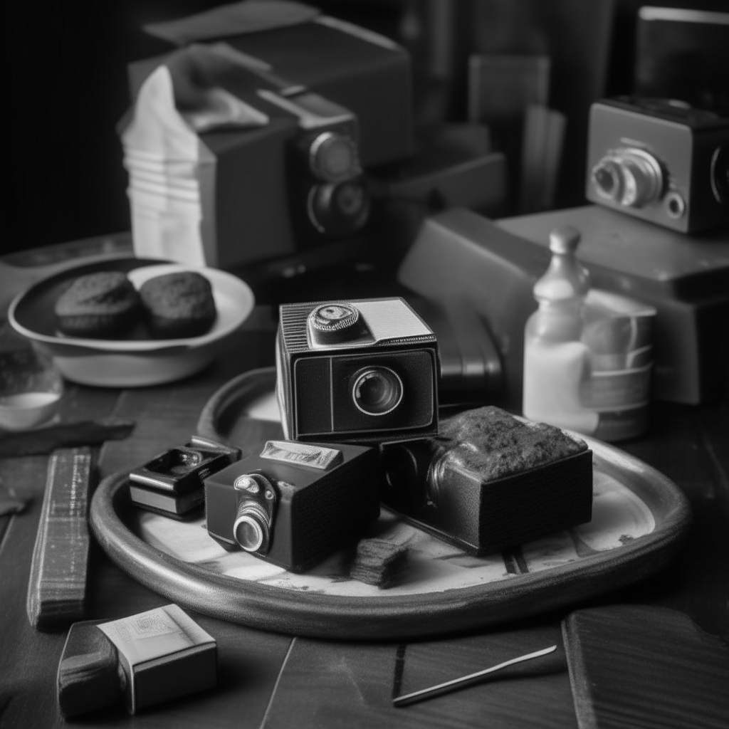 Black and white image of fudgy chocolate brownies on a vintage wooden table with film equipment like an antique film camera and clapperboard