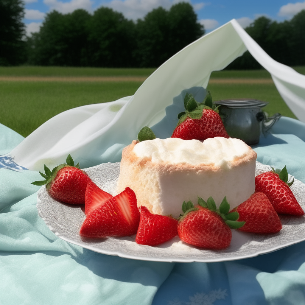 A white angel food cake with strawberries on a tablecloth outdoors, with a 1910s aviation backdrop and pilot goggles, scarf, and Harriet Quimby photo