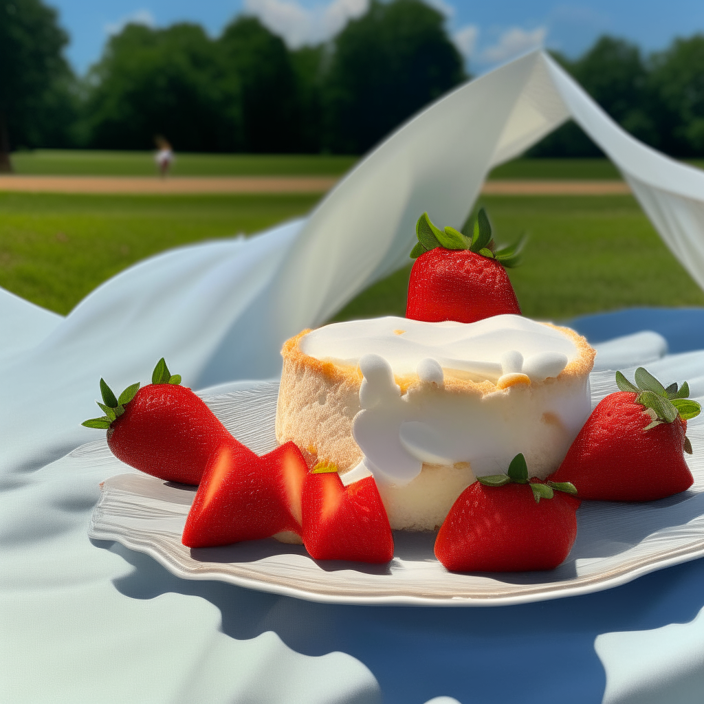 A white angel food cake with strawberries on a tablecloth outdoors, with a 1910s plane clearly visible taking off down the runway in the background