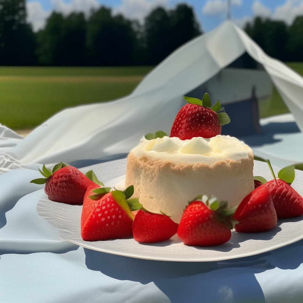 A white angel food cake with small strawberries on a tablecloth outdoors, with a 1910s biplane taking off down the runway in the background