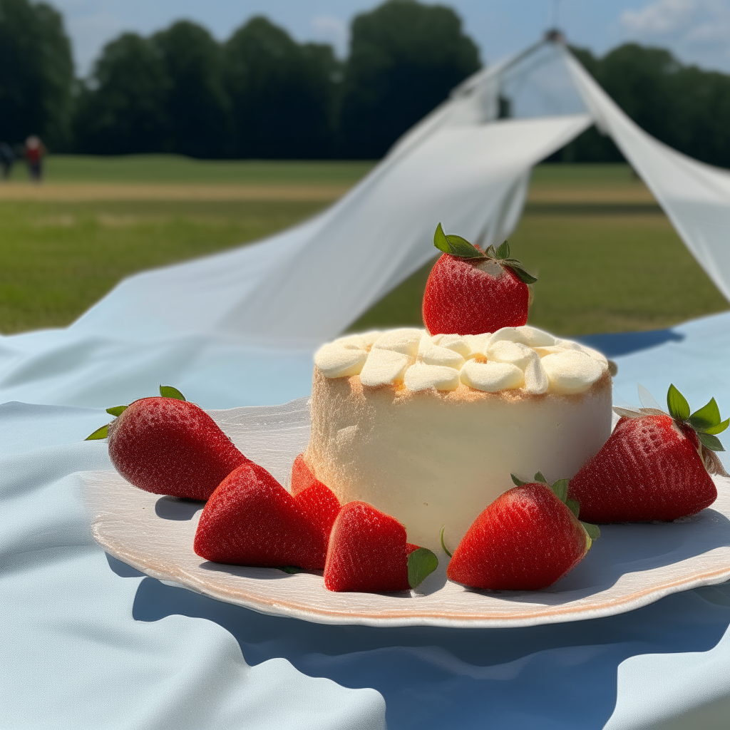 A white angel food cake with small strawberries on a tablecloth outdoors, with a 1910s biplane in the top left background taking off down a runway