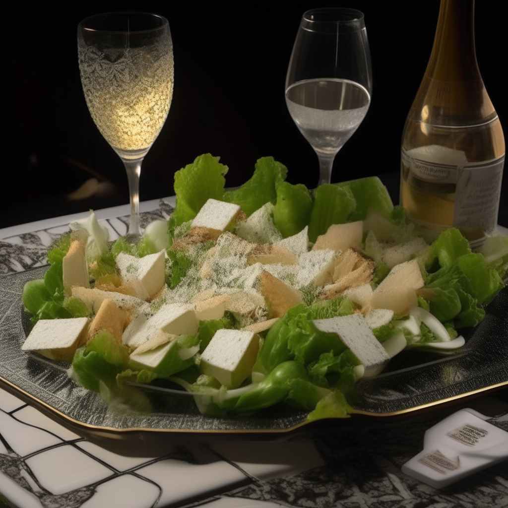 A silver platter with a Caesar salad - romaine lettuce, parmesan, croutons, anchovies, creamy dressing. Backdrop shows a crystal champagne glass and 1920s style décor.