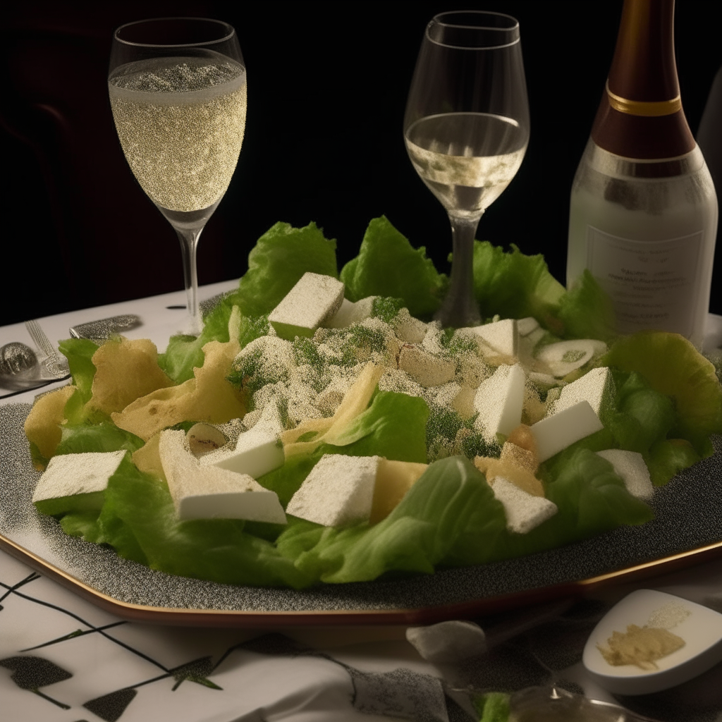 A silver platter with a Caesar salad covered in creamy dressing - romaine lettuce, parmesan, croutons, anchovies. Backdrop shows 1920s décor and champagne.