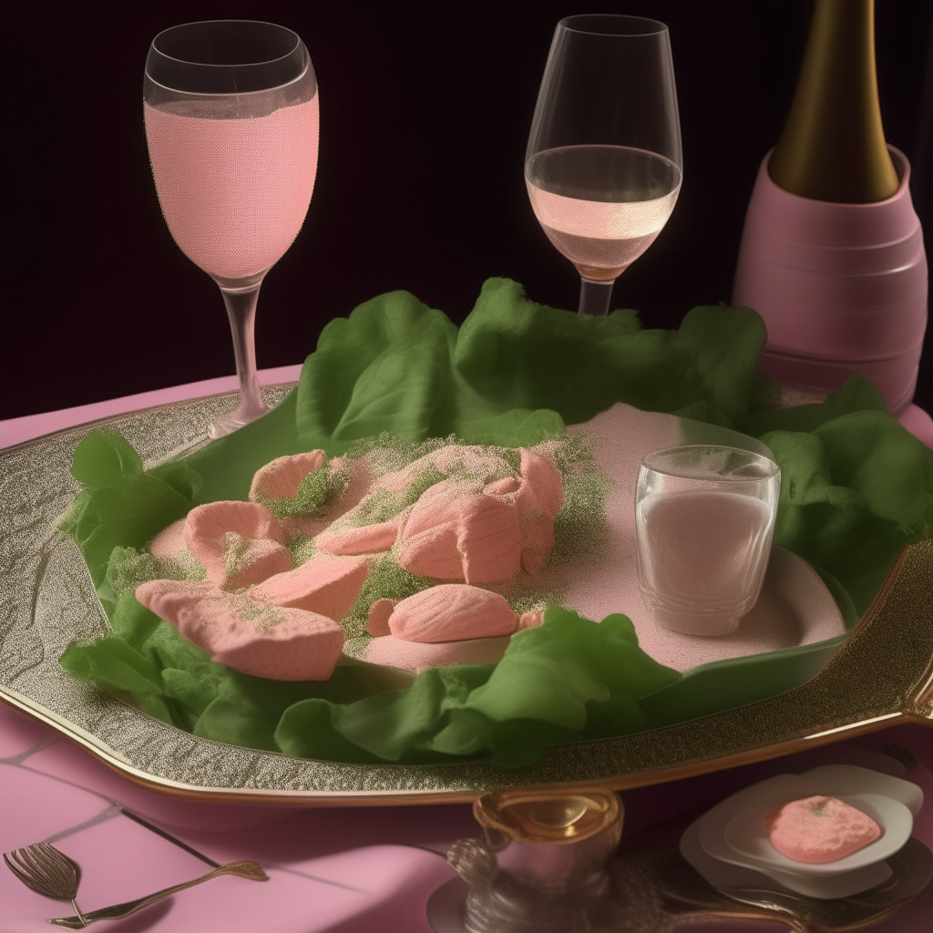 A silver platter with a creamy Caesar salad next to a small bowl of pink sauce, with 1920s backdrop and champagne