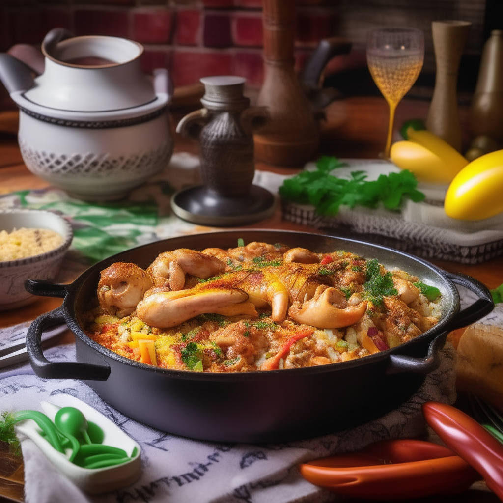 A deep dish of colorful jambalaya with chicken, shrimp, sausage, peppers, on a table with jazz instruments and 1920s décor