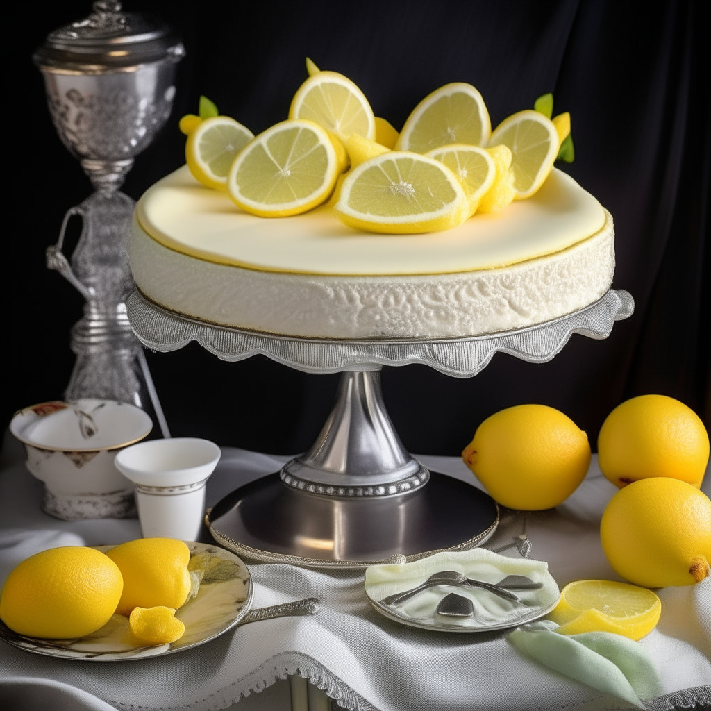 A lemon chiffon pie on a silver stand, with lemon slices, lemon rind, surrounded by 1920s flapper accessories