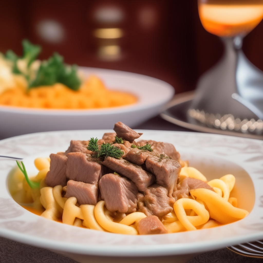 Cubes of beef in creamy sauce on noodles in an ornate plate, with a jazz saxophonist in the background