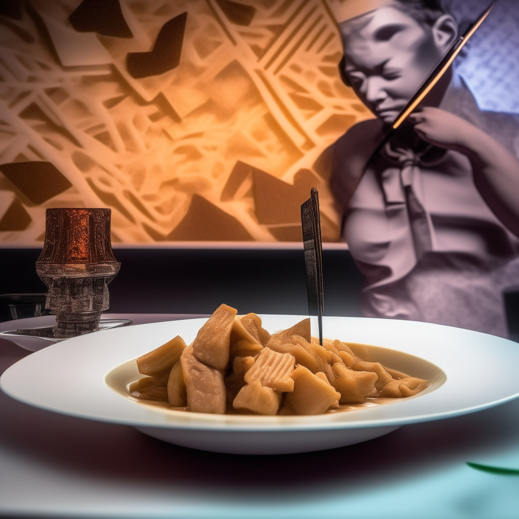 Cubes of beef in creamy sauce on noodles served in a jazz bar, with a saxophonist playing in the background and art deco patterns