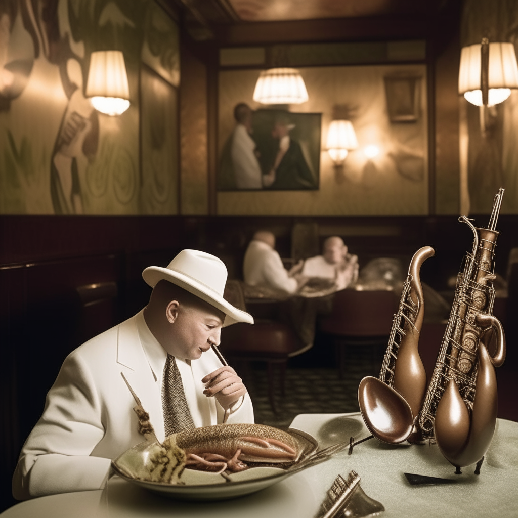 An opulent 1920s jazz bar with a white porcelain plate of veal, mushrooms, and pearl onions in creamy sauce, with a saxophonist playing softly in the background