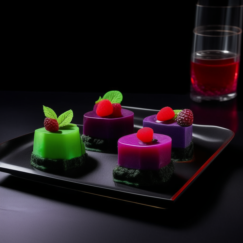 Three colored gelatin desserts on a black platter - red, purple and green - with fresh berries, in a jazz club setting