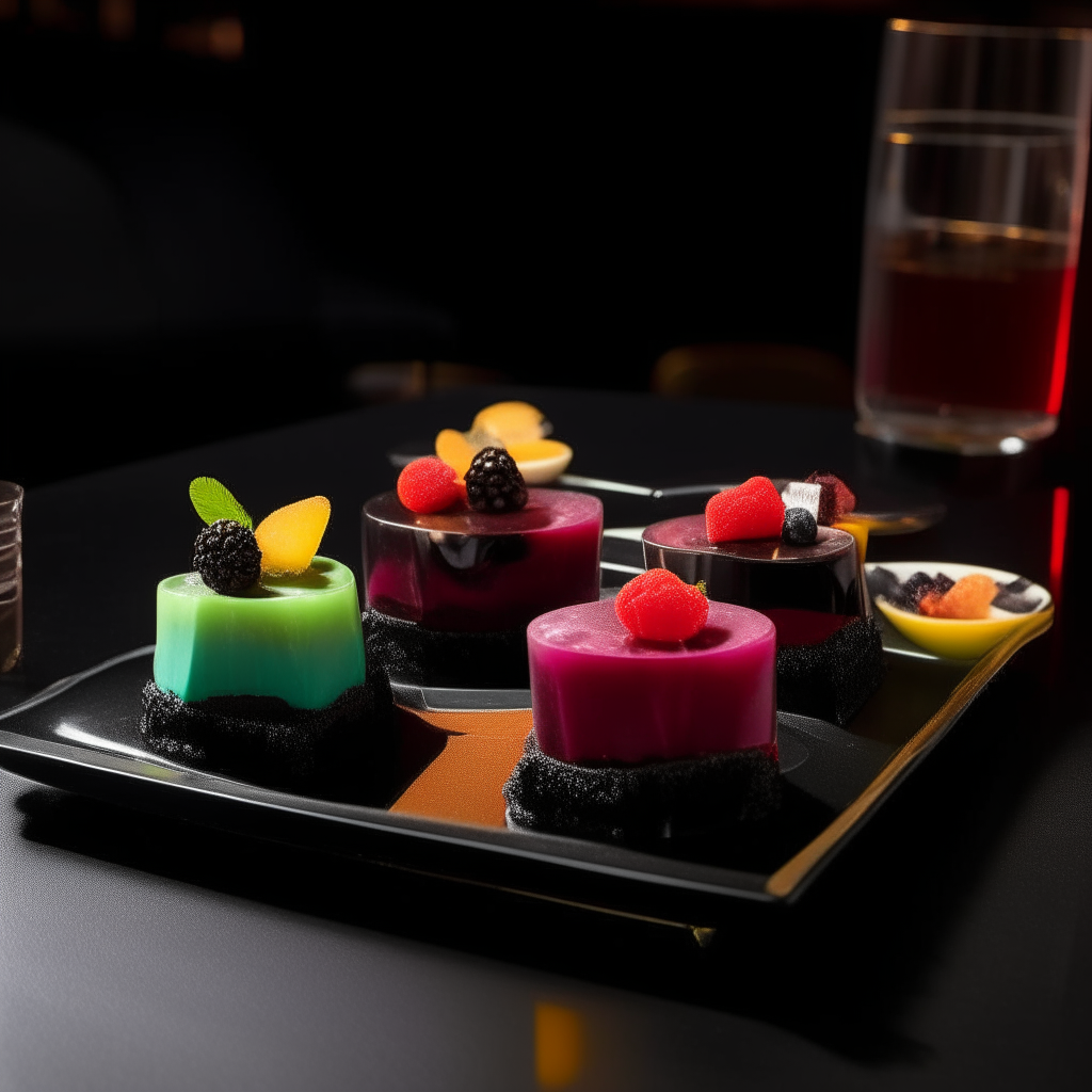 Three colored gelatin desserts on a black platter with berries, in a jazz club setting with a jazz band playing in the background