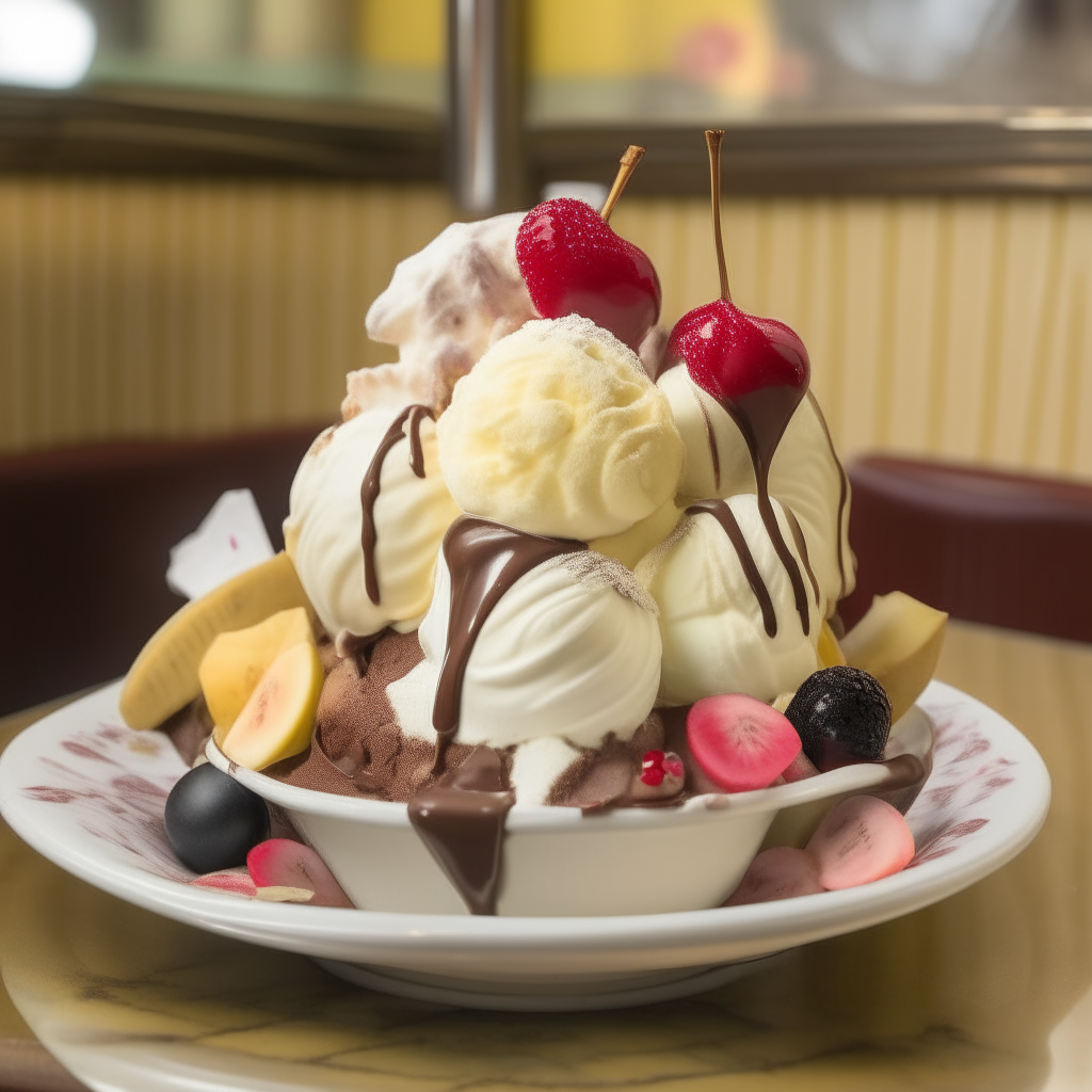 A banana split in a vintage 1920s ice cream parlor, with 3 scoops of ice cream, bananas, cherries, chocolate, strawberry sauce, and whipped cream