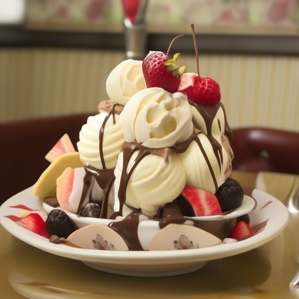 A banana split in a vintage 1920s ice cream parlor, with strawberry, chocolate, and vanilla scoops drizzled with chocolate sauce, strawberry syrup, and whipped cream