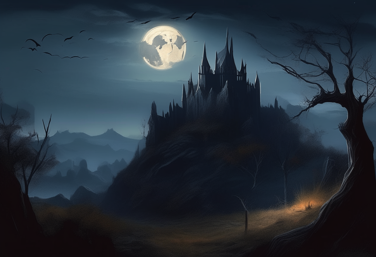 A shadowed citadel nestled within a desolate landscape under an otherworldly moonlight, its towering spires stretching towards the ominous sky, with gnarled trees, twisted vegetation and jagged rocks bathed in long, haunting shadows across the land