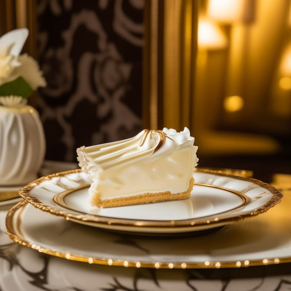 A slice of coconut cream pie on a plate in an art deco dining room with gold accents