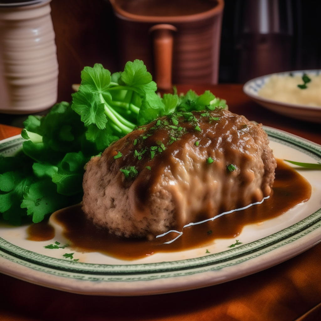 A meatloaf with mashed potatoes and green beans plated together on a vintage dish in a cozy 1930s kitchen