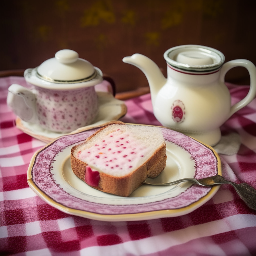 Creamed chipped beef on toast plated on a checkered tablecloth in a 1930s kitchen next to a vintage teapot