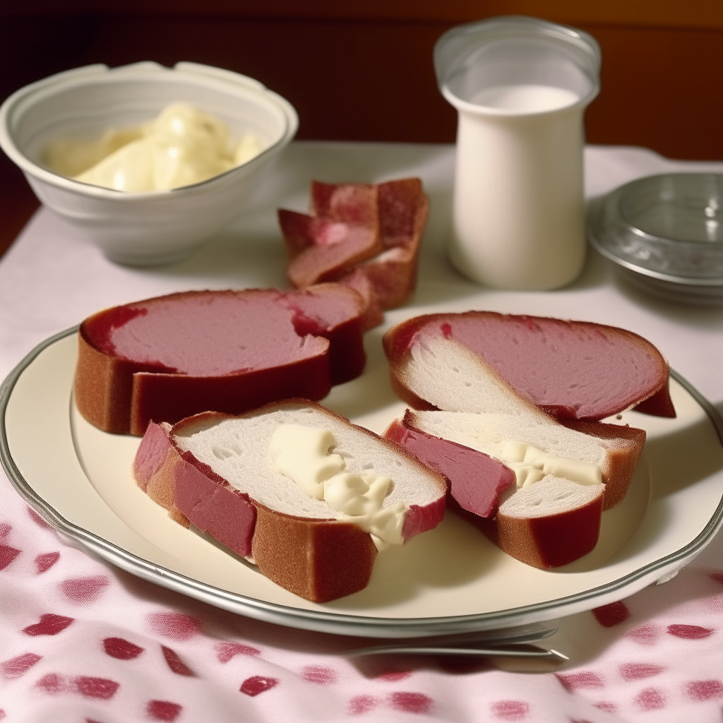 Slices of toast with creamed chipped beef sauce and pieces of dried beef in a 1930s kitchen