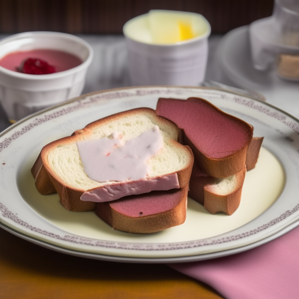 Two slices of toast on a vintage plate with creamed chipped beef sauce and small cubes of cooked beef on top in a 1930s style kitchen