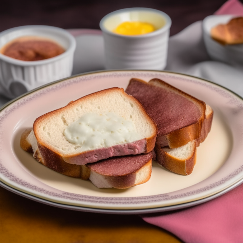 Two slices of toasted bread with extra creamy chipped beef sauce and cubes of cooked beef on a vintage plate