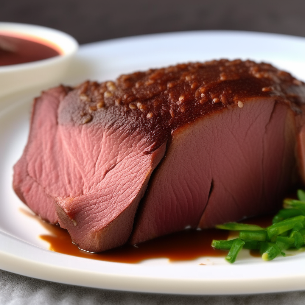 A close up photo of sliced roast beef on a white plate