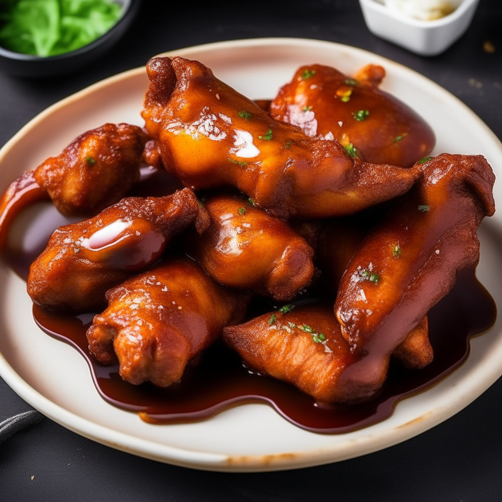 A plate of food with chicken wings in barbecue sauce