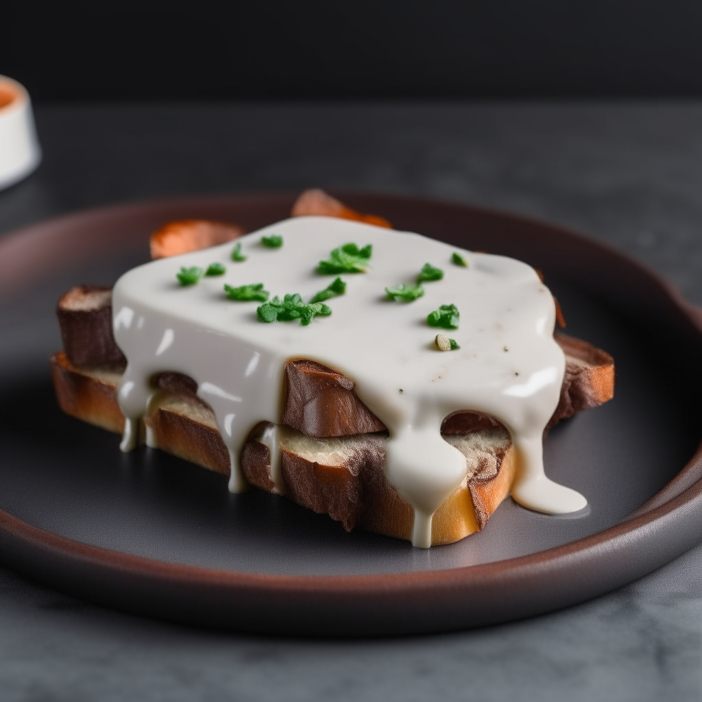 A slice of toast completely covered in white cream sauce with small bits of cooked beef on top