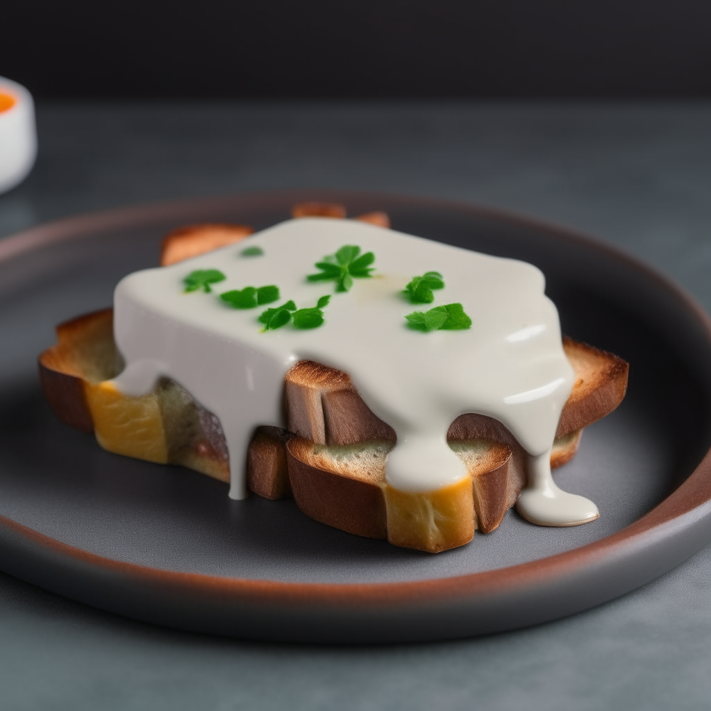 A slice of toast completely covered in white cream sauce with small cubes of cooked beef on top