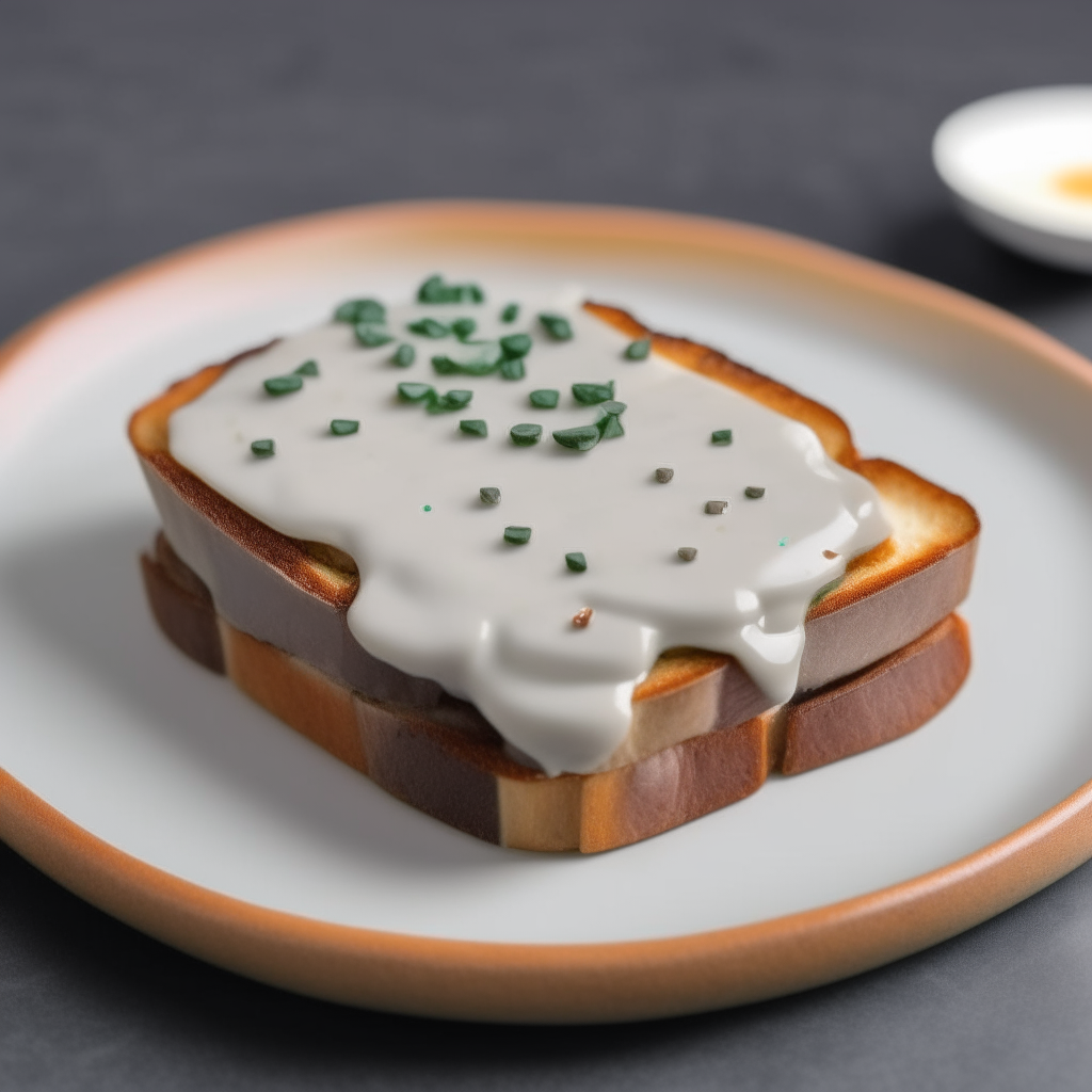 A slice of toast completely covered in white cream sauce with small cubes of cooked beef on top