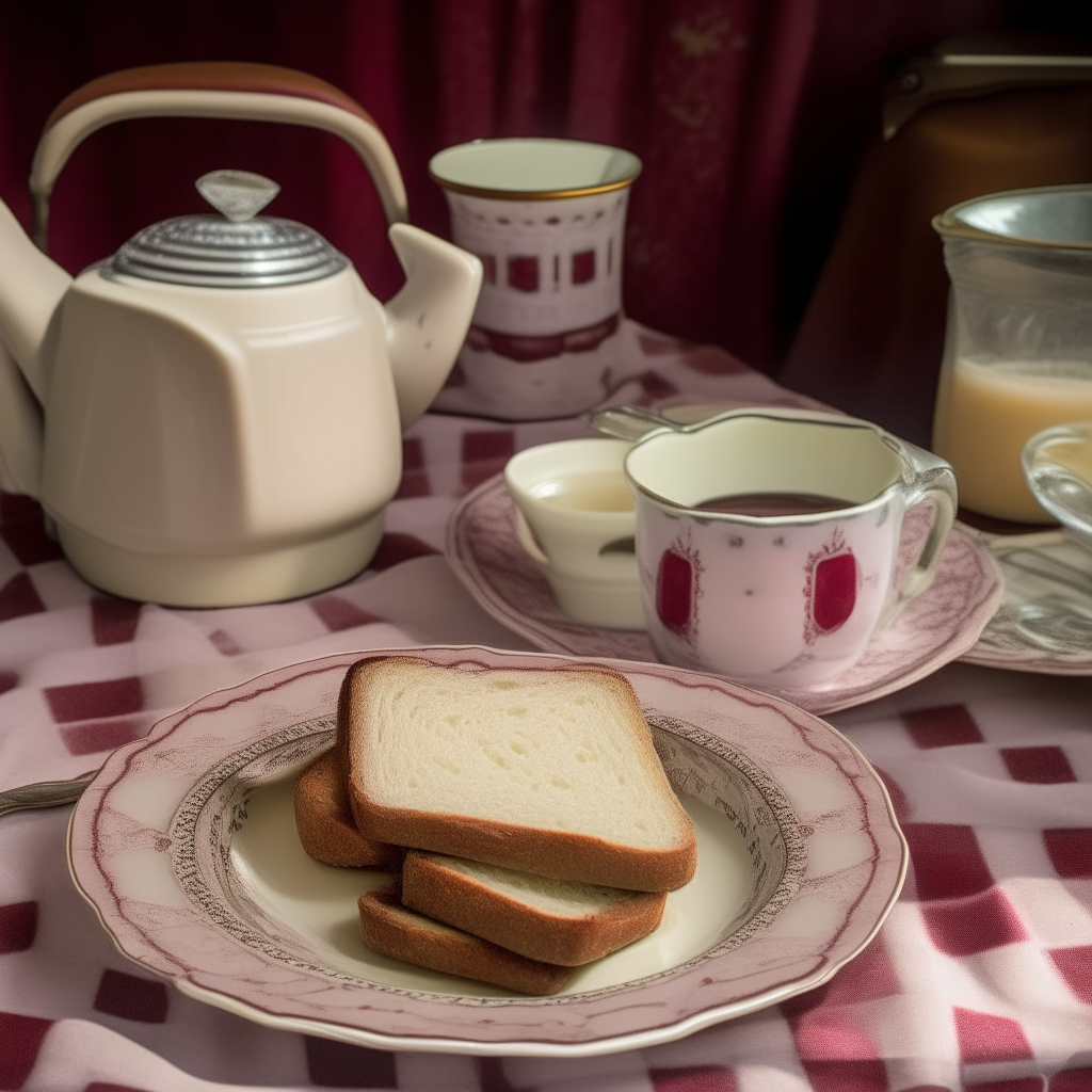 Slices of toast with creamy chipped beef sauce, cubed beef pieces on a checkered tablecloth next to a vintage teapot in a 1930s kitchen