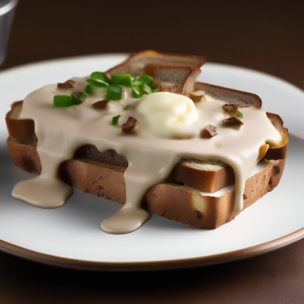 A slice of toast topped with a mixture of cubed beef and cream sauce in a 1930s style