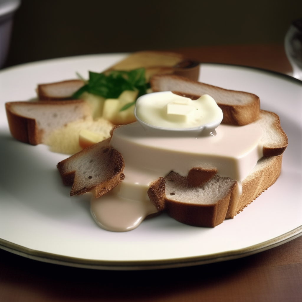 A slice of toast with cubed beef and cream sauce sitting on a plate in a 1930s style kitchen