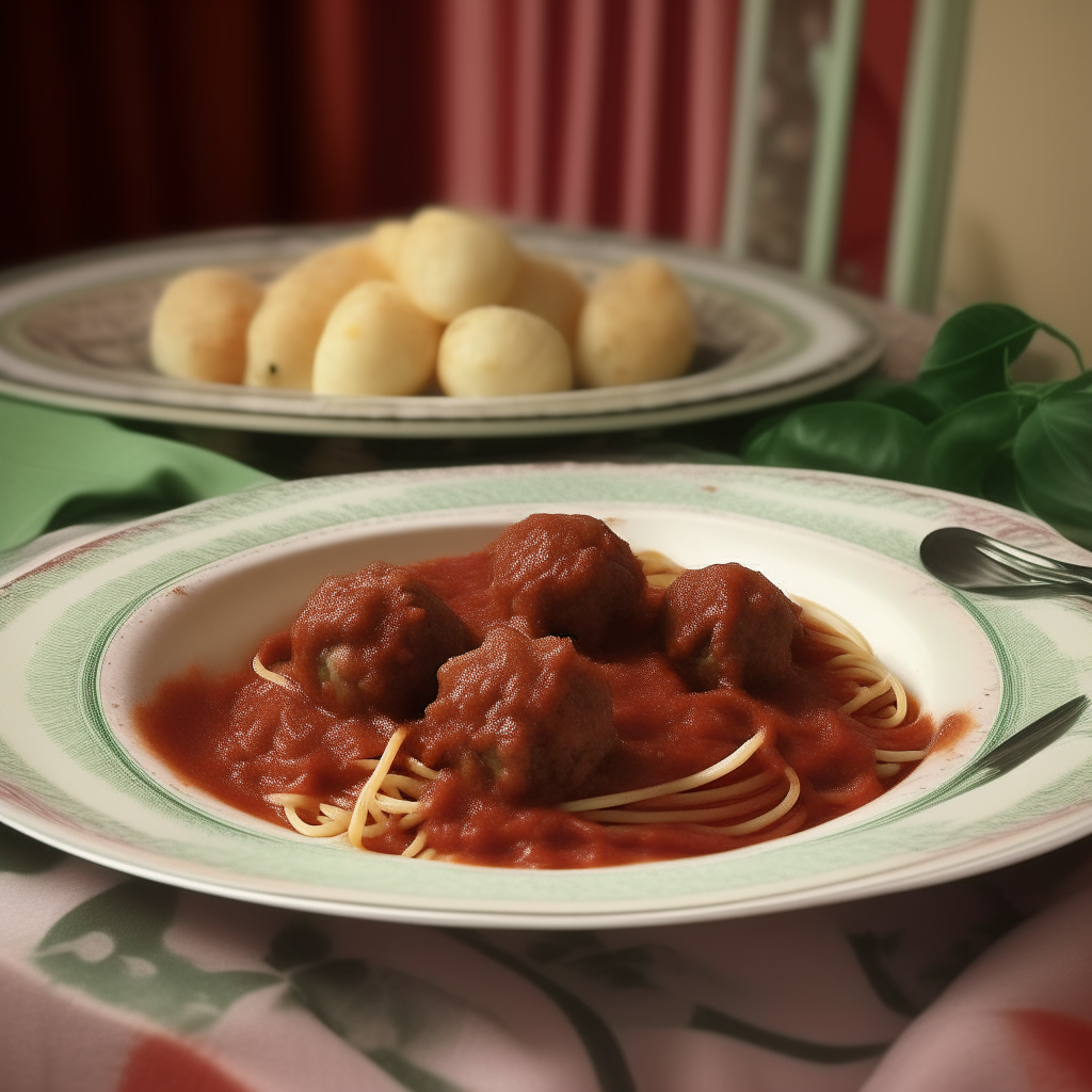 Spaghetti and meatballs on a plate with tomato sauce, basil, parmesan cheese on a checkered tablecloth in a 1930s dining room