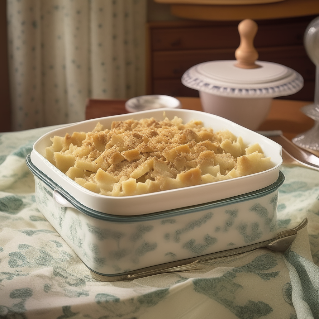 A tuna noodle casserole freshly baked in a vintage casserole dish on a checkered tablecloth in a 1930s kitchen