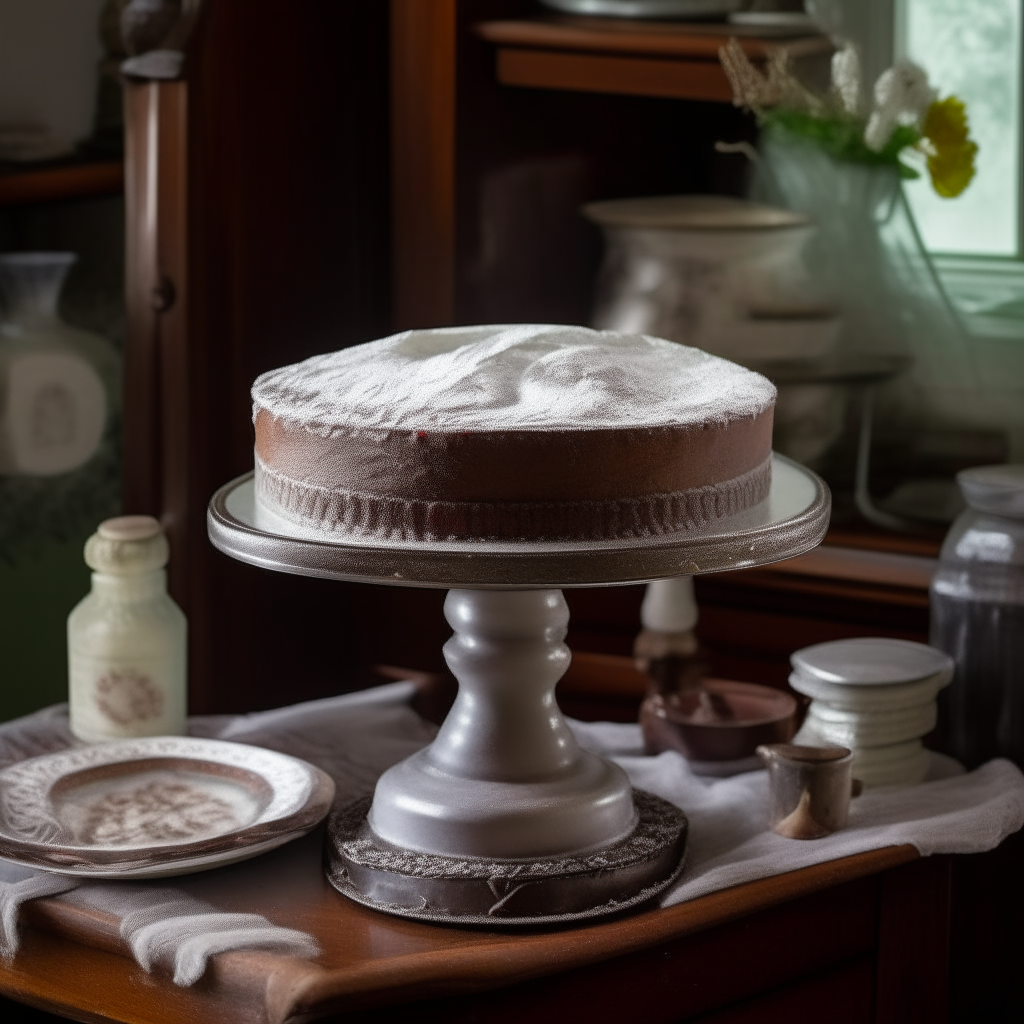 A freshly baked cake with powdered sugar on top on a vintage cake stand in a 1930s kitchen