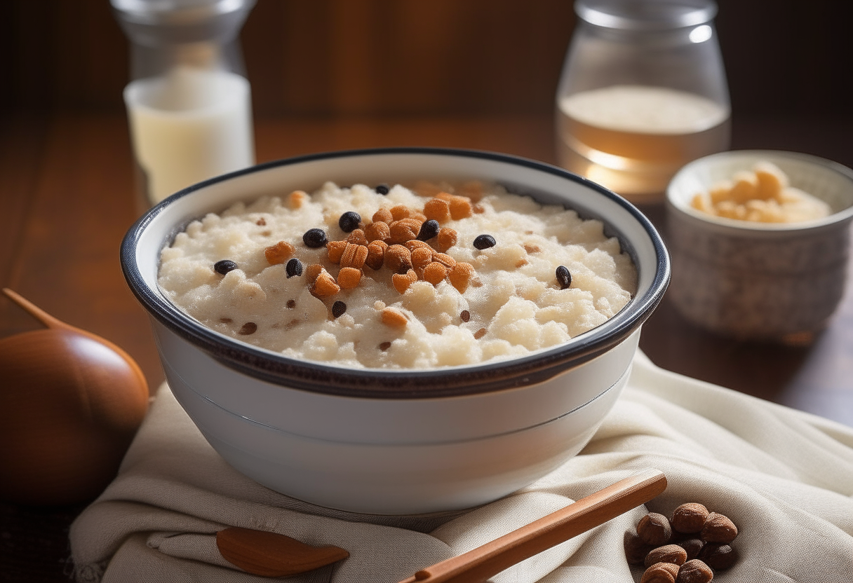 A bowl of rice pudding with raisins and cinnamon in a 1930s kitchen